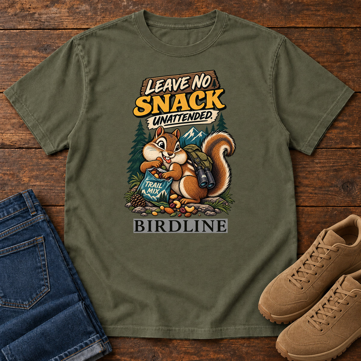 Leave No Snack Unattended Squirrel T-Shirt in Sage