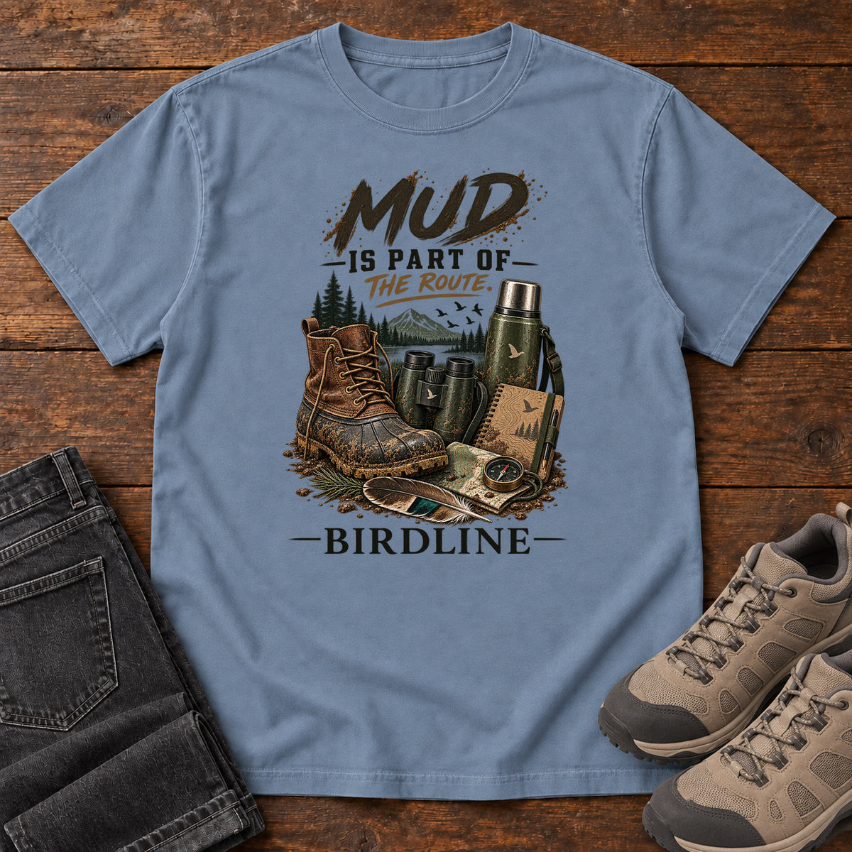 Mud Is Part of the Route Boots T-Shirt in Blue Jean