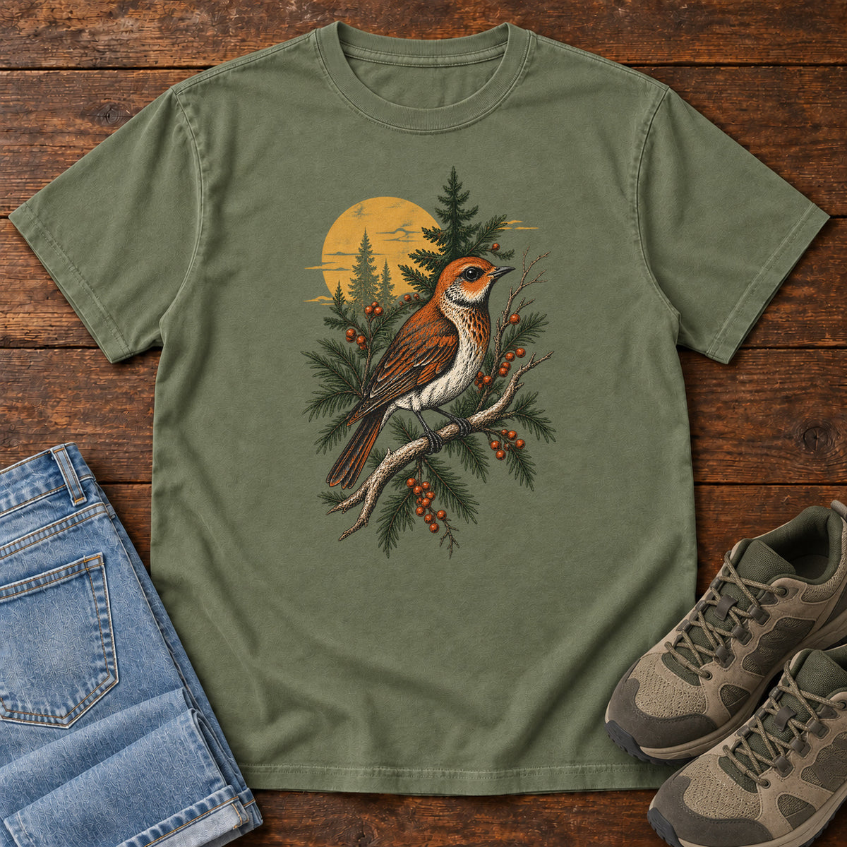 Terracotta Songbird T-Shirt in Moss