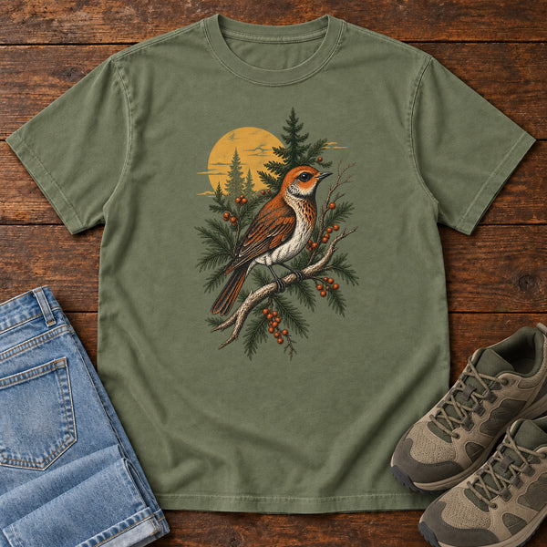 Terracotta Songbird T-Shirt in Moss, front view