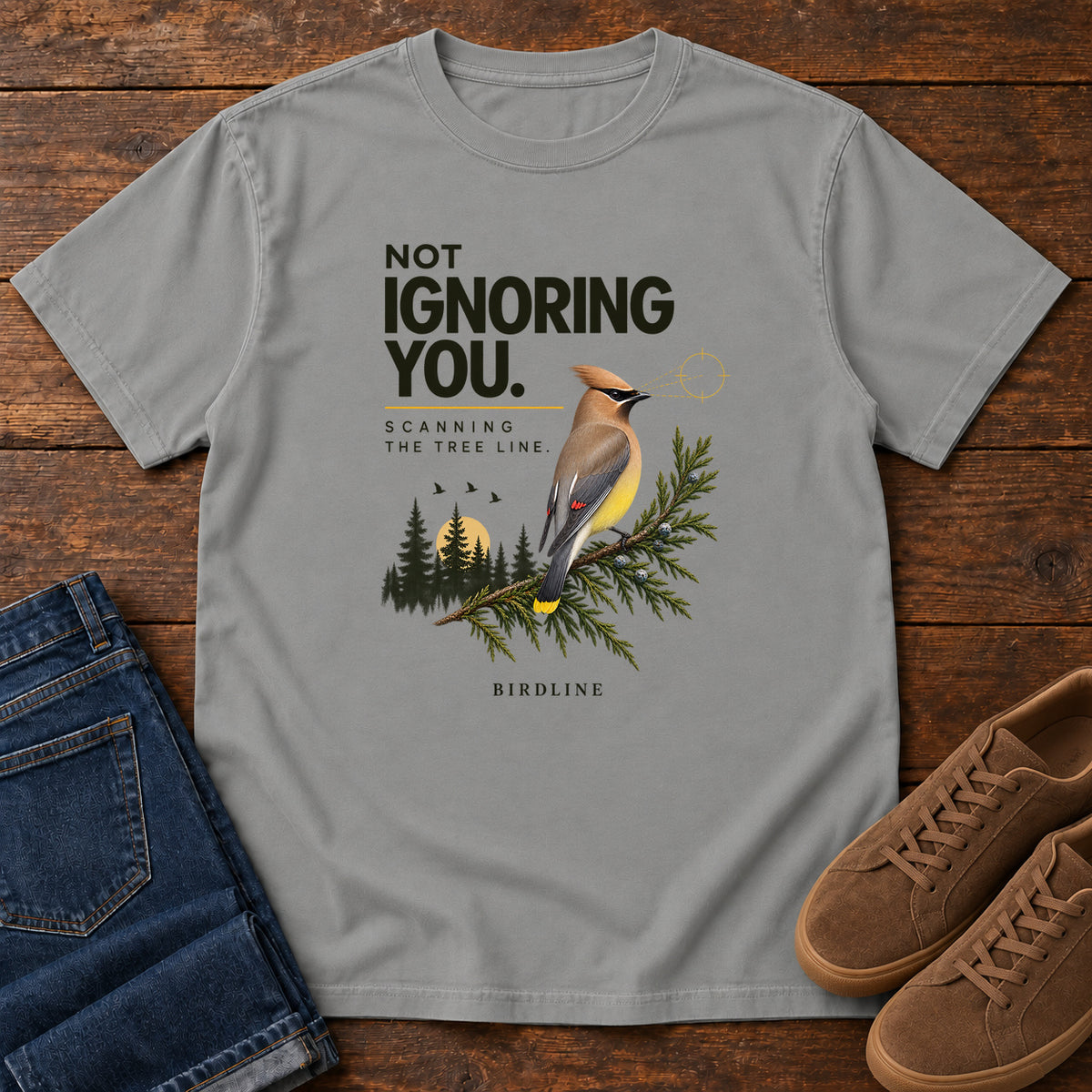 Not Ignoring You Scanning the Tree Line T-Shirt in Grey