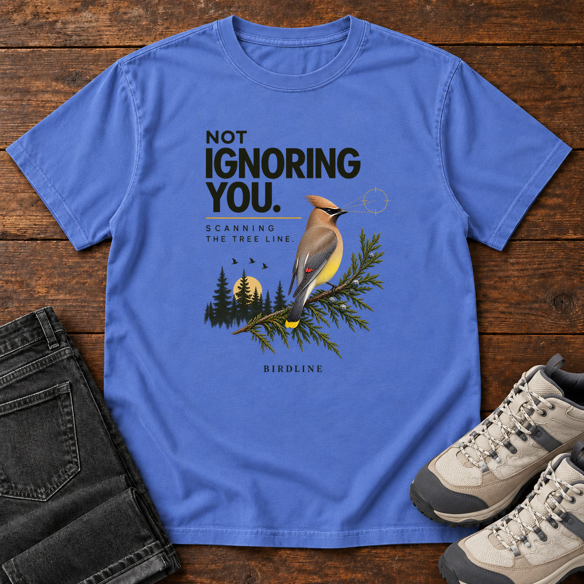 Not Ignoring You Scanning the Tree Line T-Shirt in Mystic Blue