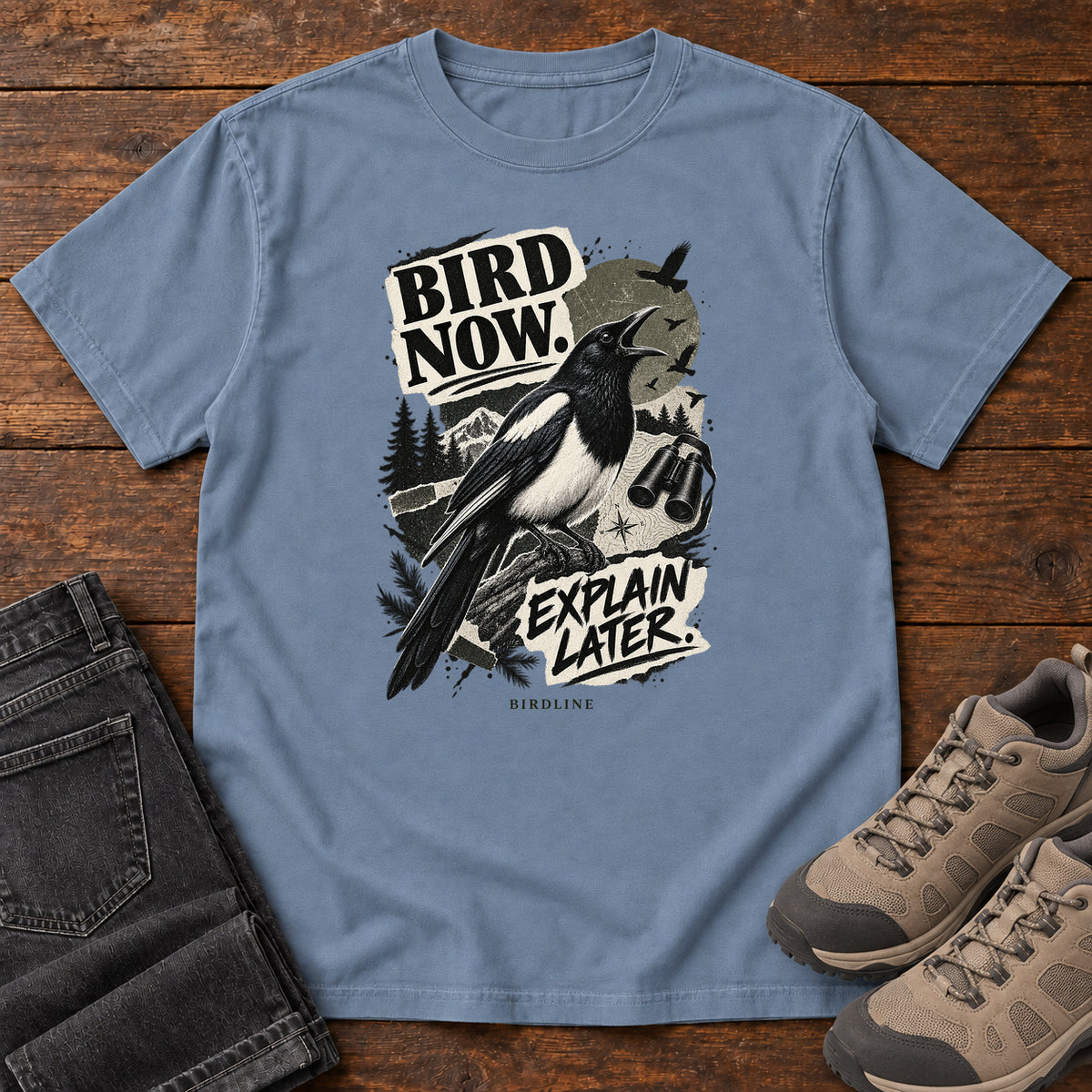 Bird Now Explain Later Magpie T-Shirt in Blue Jean
