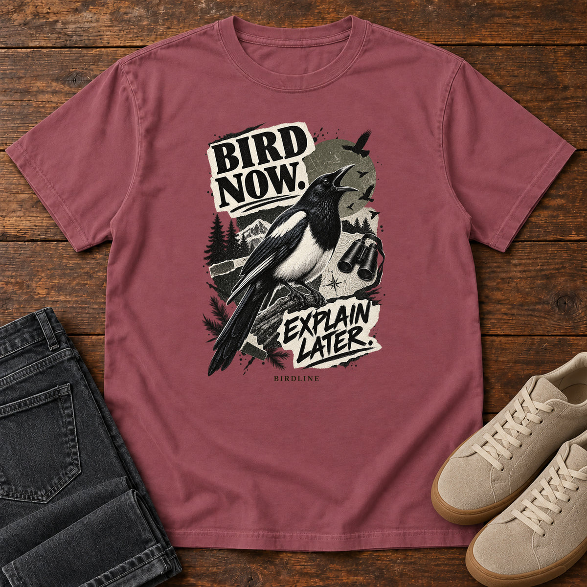 Bird Now Explain Later Magpie T-Shirt in Brick