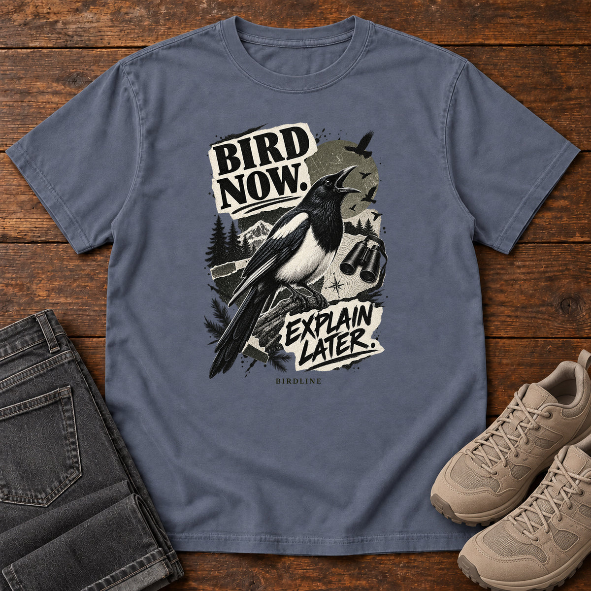 Bird Now Explain Later Magpie T-Shirt in Denim