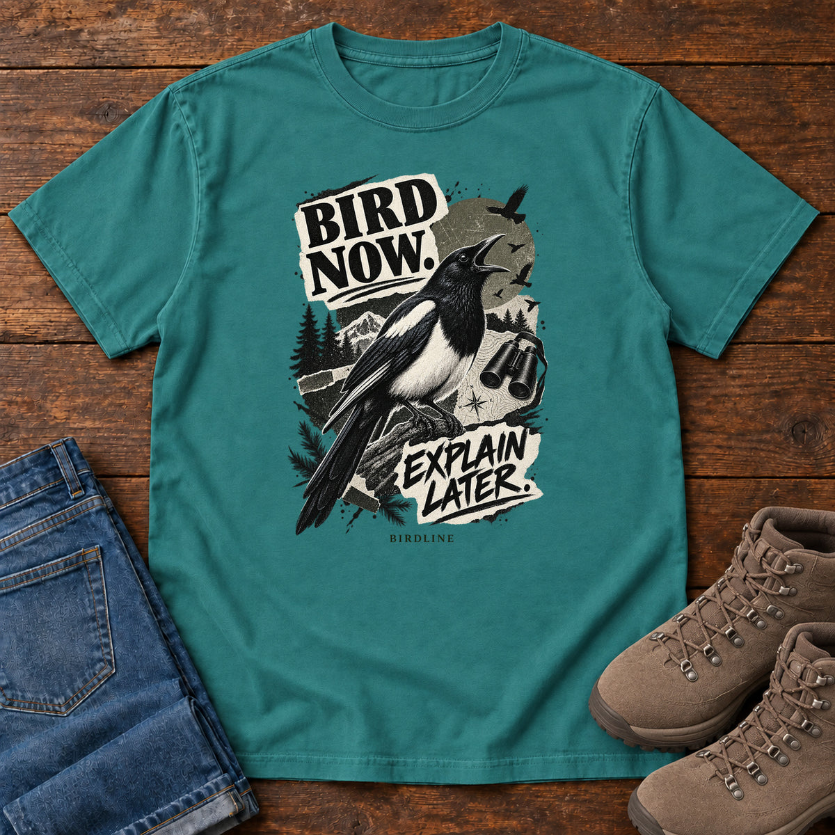 Bird Now Explain Later Magpie T-Shirt in Emerald