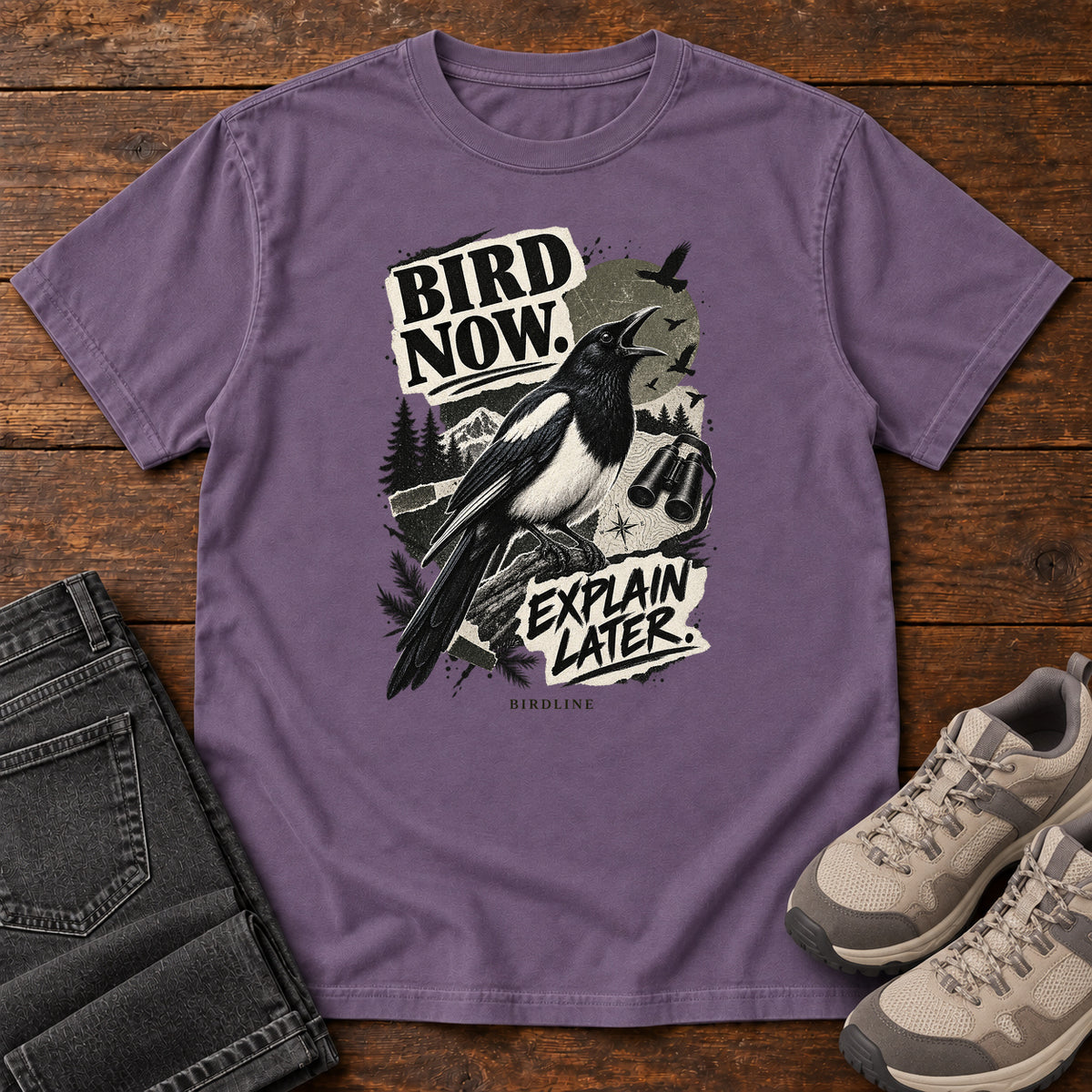 Bird Now Explain Later Magpie T-Shirt in Grape