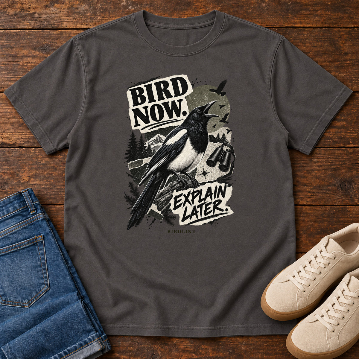 Bird Now Explain Later Magpie T-Shirt in Graphite