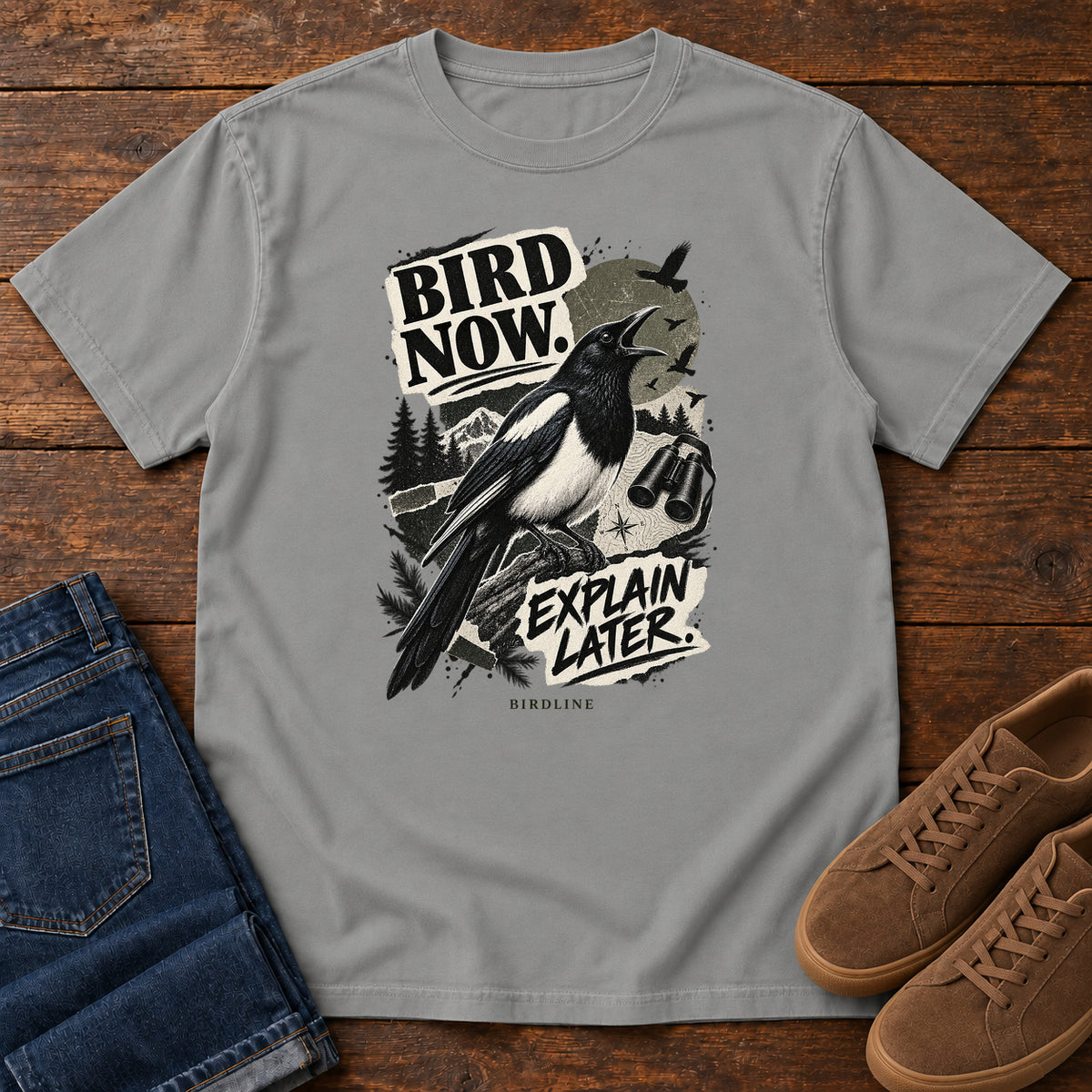 Bird Now Explain Later Magpie T-Shirt in Grey