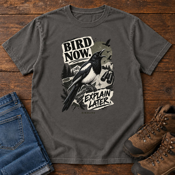 Bird Now Explain Later Magpie T-Shirt in Pepper, front view