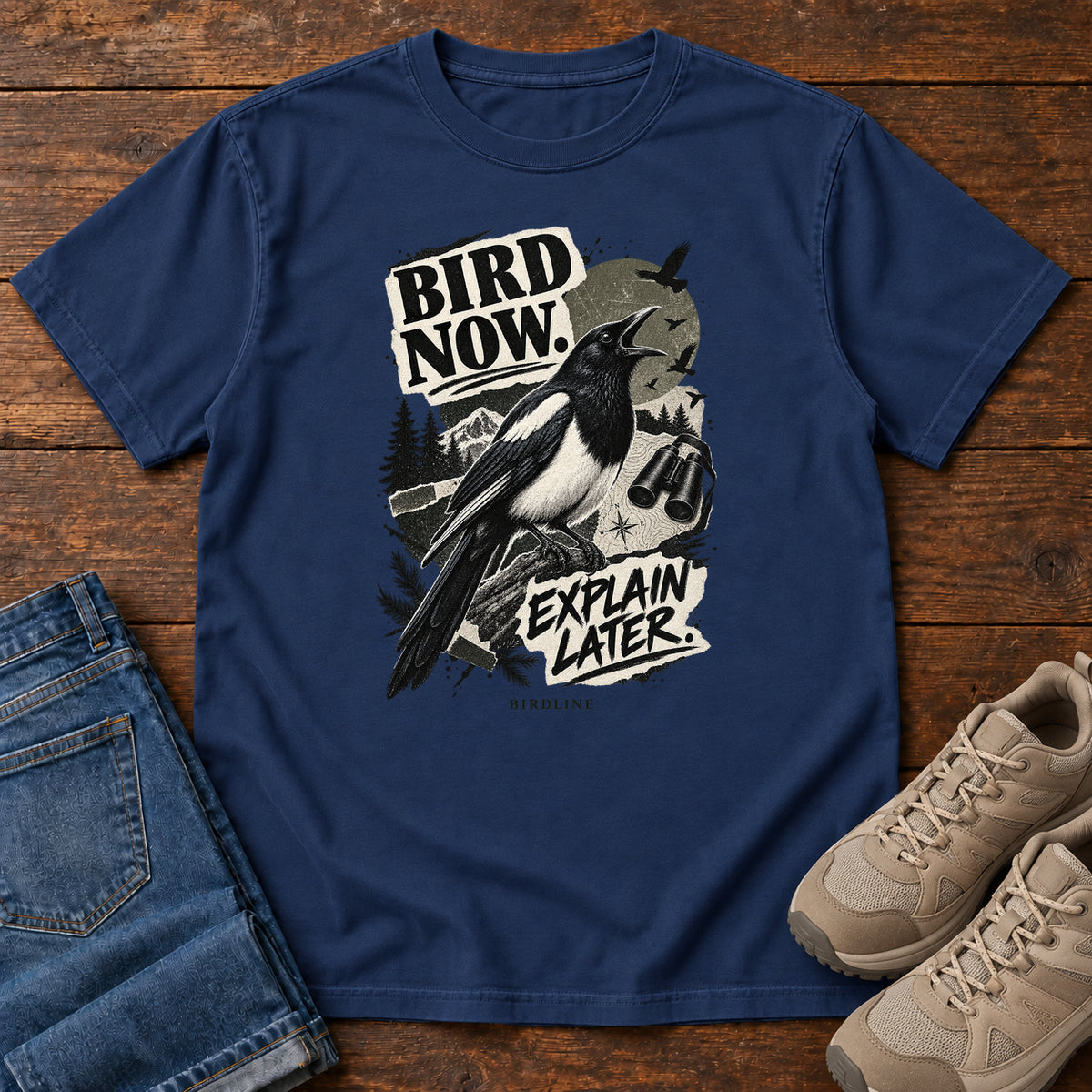 Bird Now Explain Later Magpie T-Shirt in True Navy