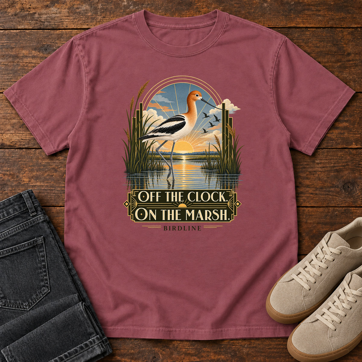 Off the Clock on the Marsh Avocet T-Shirt in Brick