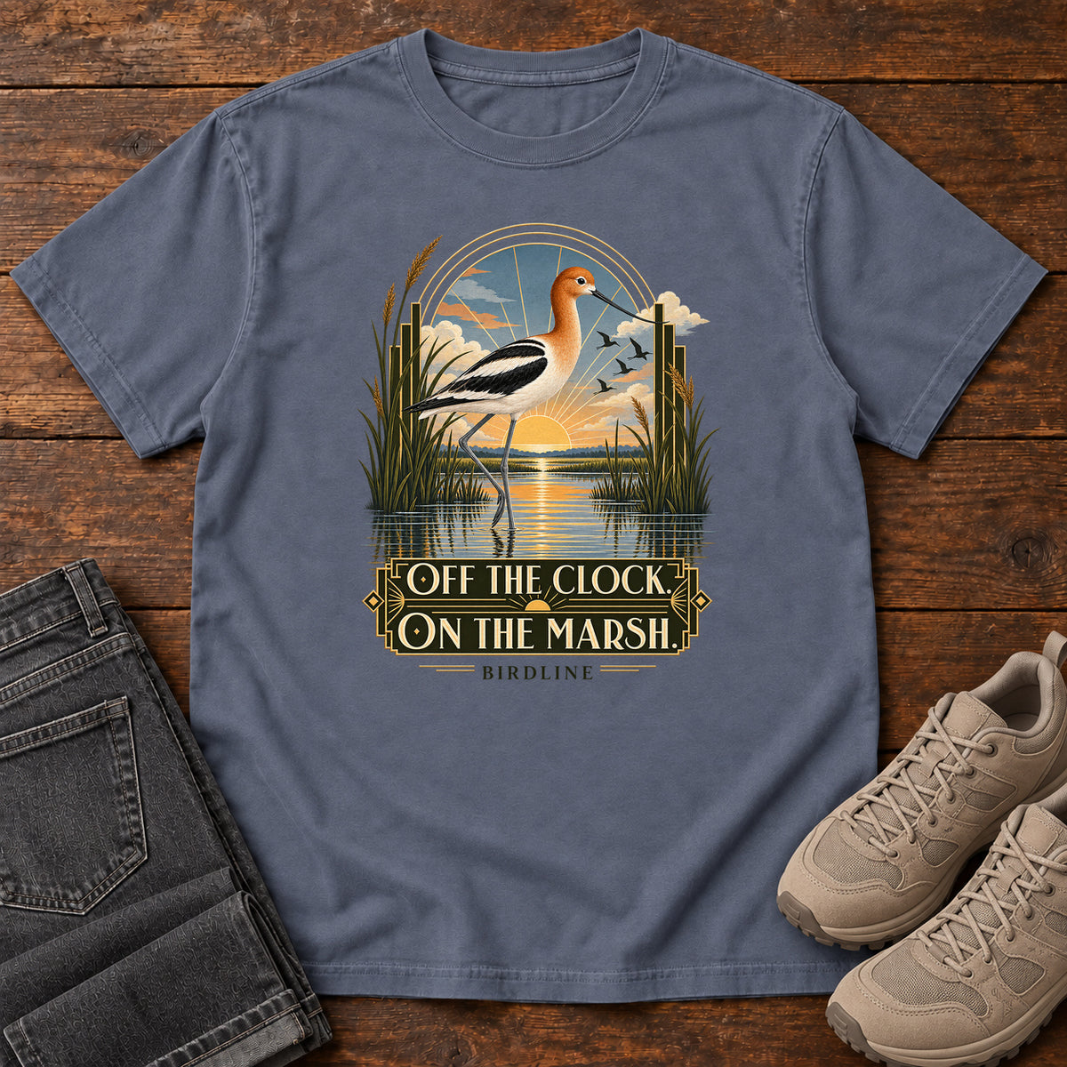 Off the Clock on the Marsh Avocet T-Shirt in Denim