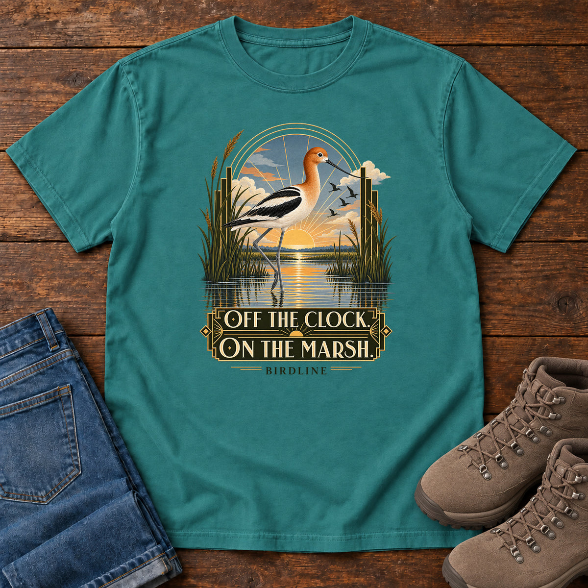 Off the Clock on the Marsh Avocet T-Shirt in Emerald