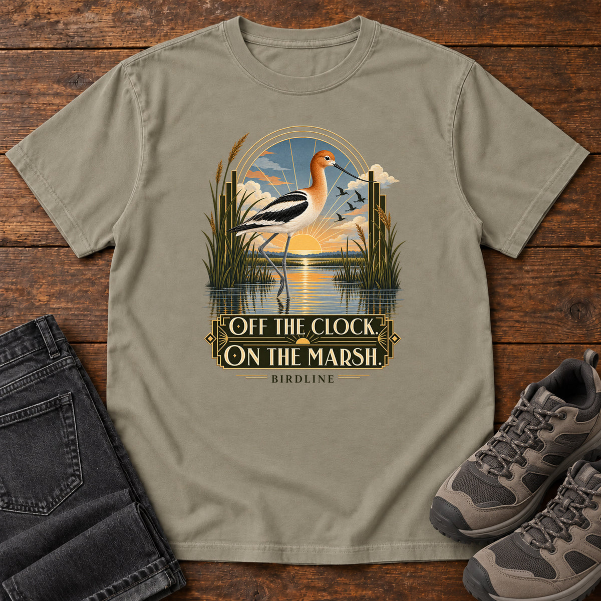 Off the Clock on the Marsh Avocet T-Shirt in Sandstone