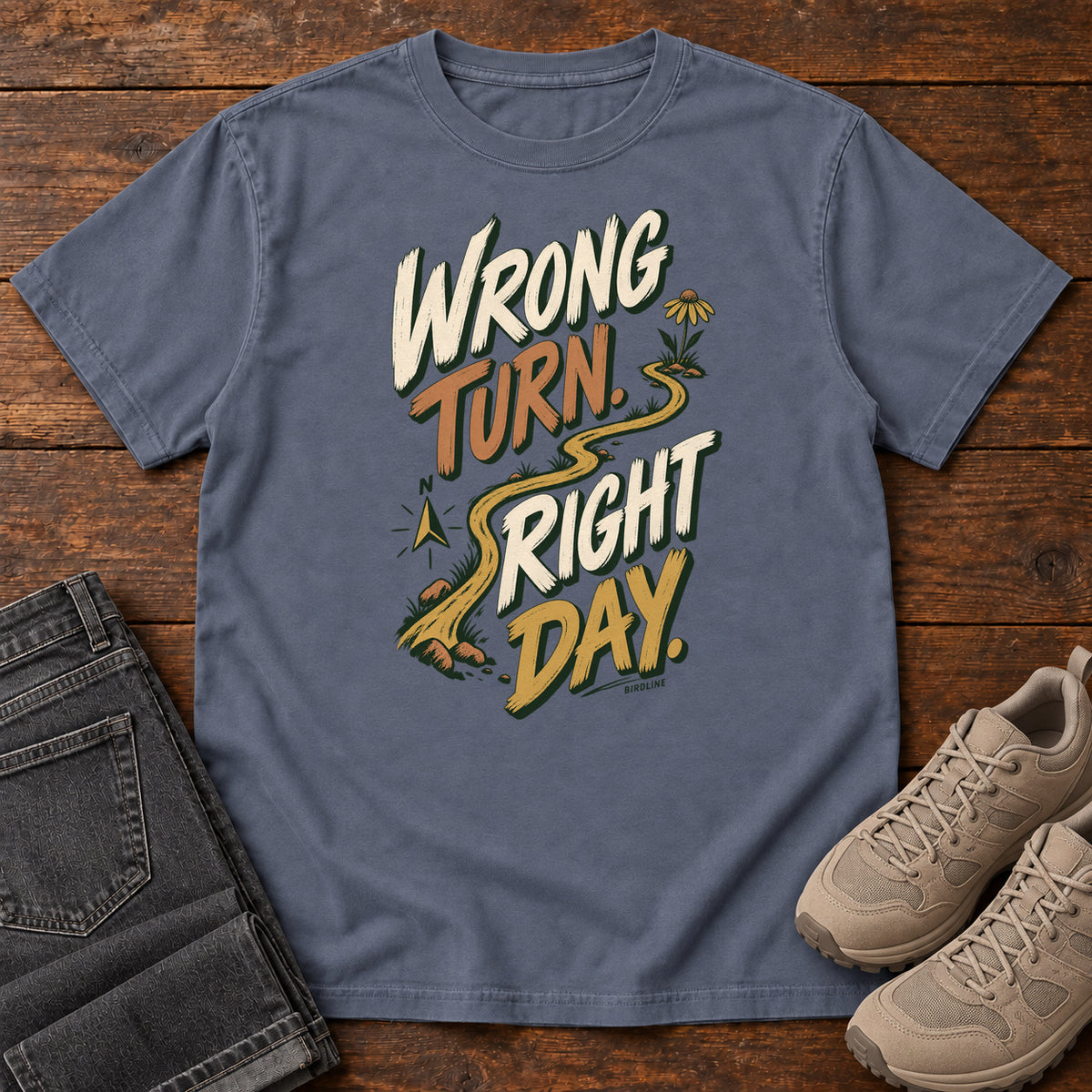 Wrong Turn Right Day T-Shirt in Denim, right side