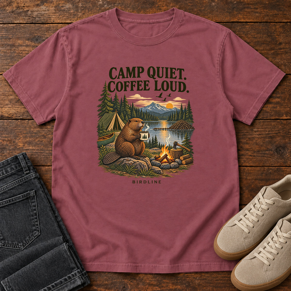 Camp Quiet Coffee Loud Beaver T-Shirt in Brick