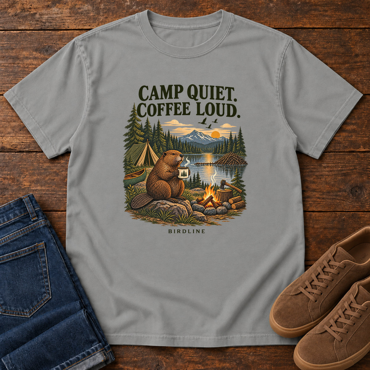 Camp Quiet Coffee Loud Beaver T-Shirt in Grey