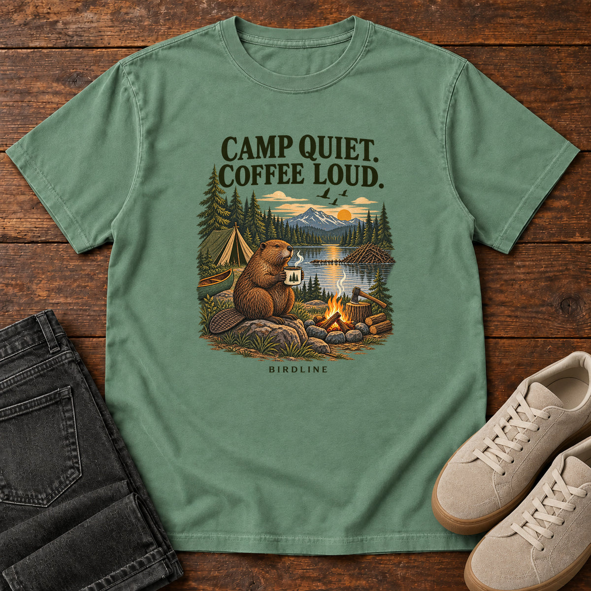 Camp Quiet Coffee Loud Beaver T-Shirt in Light Green