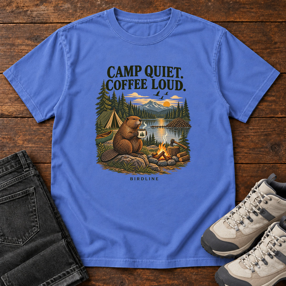 Camp Quiet Coffee Loud Beaver T-Shirt in Mystic Blue