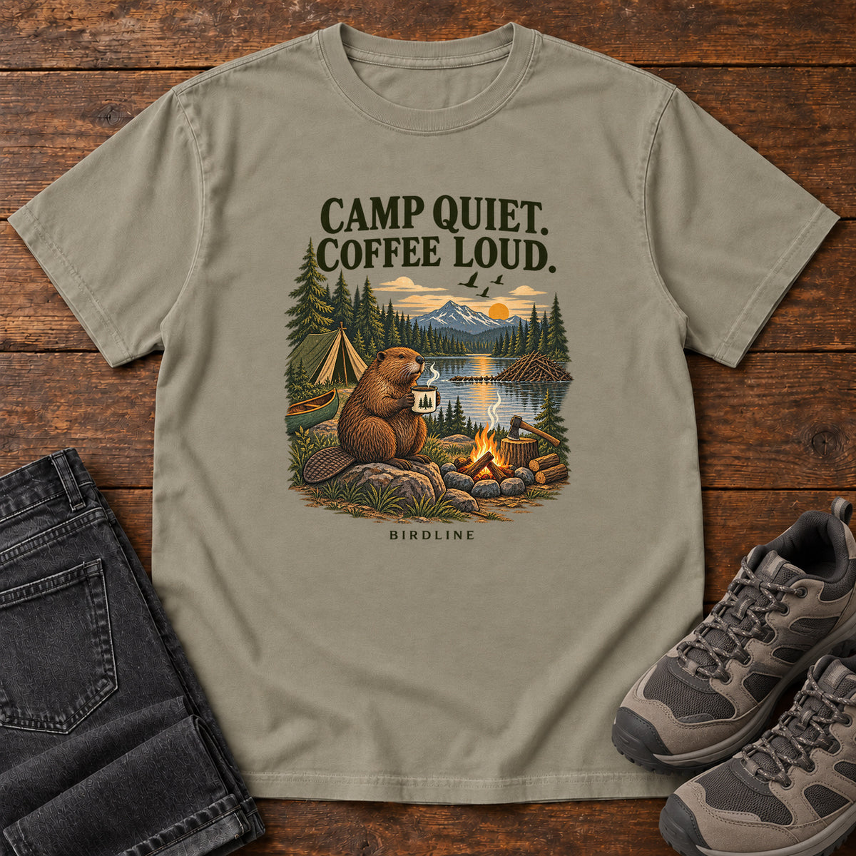 Camp Quiet Coffee Loud Beaver T-Shirt in Sandstone