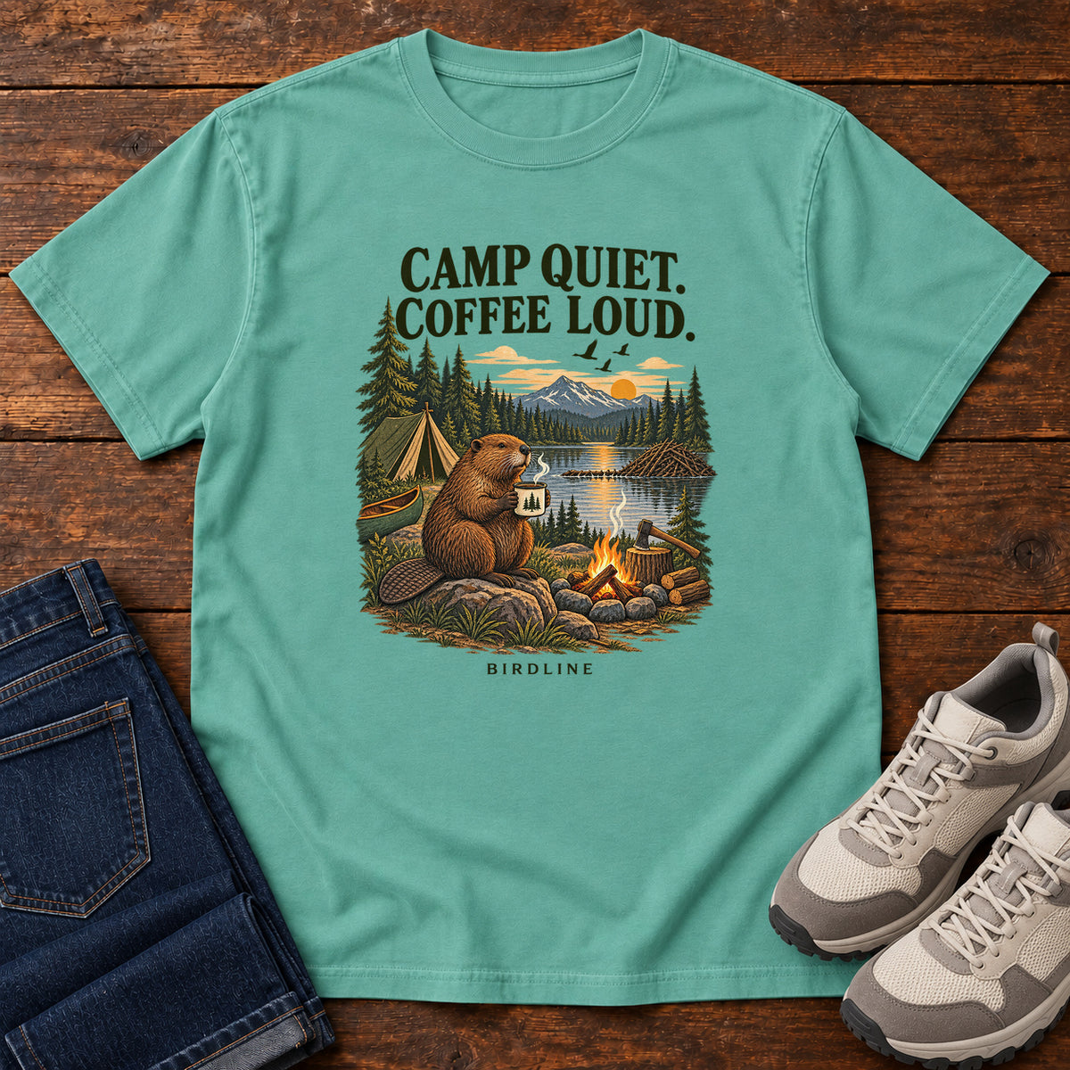 Camp Quiet Coffee Loud Beaver T-Shirt in Seafoam