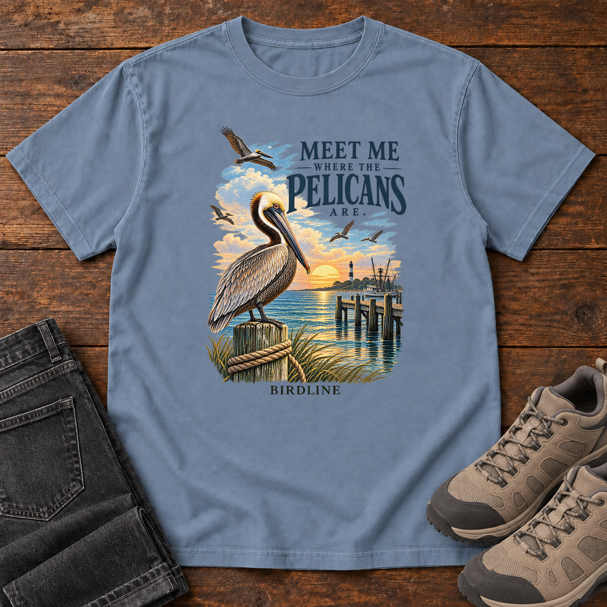 Meet Me Where the Pelicans Are T-Shirt in Blue Jean