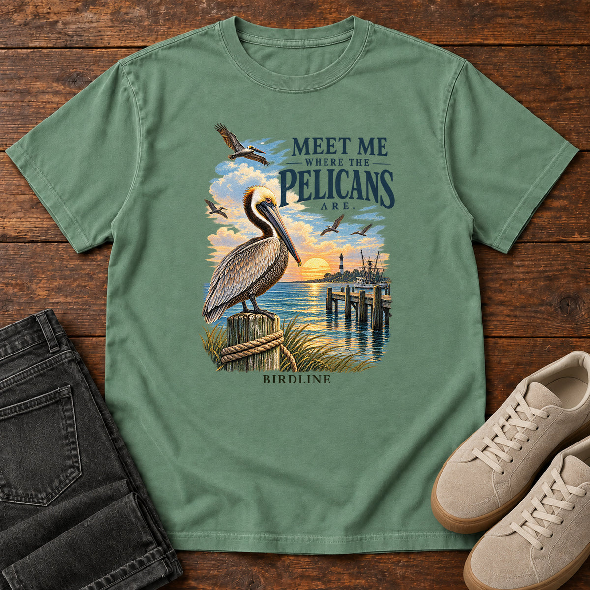 Meet Me Where the Pelicans Are T-Shirt in Light Green