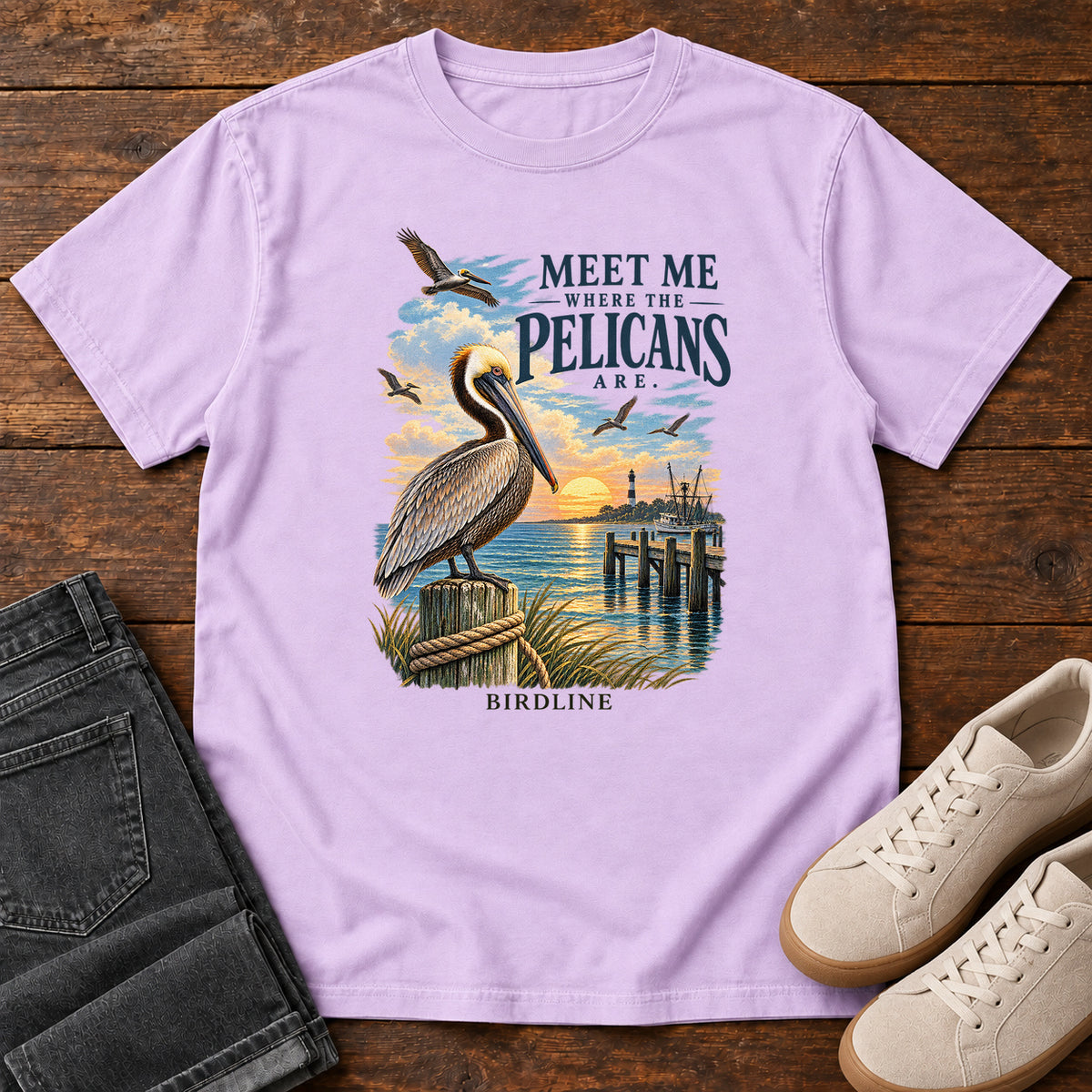Meet Me Where the Pelicans Are T-Shirt in Orchid