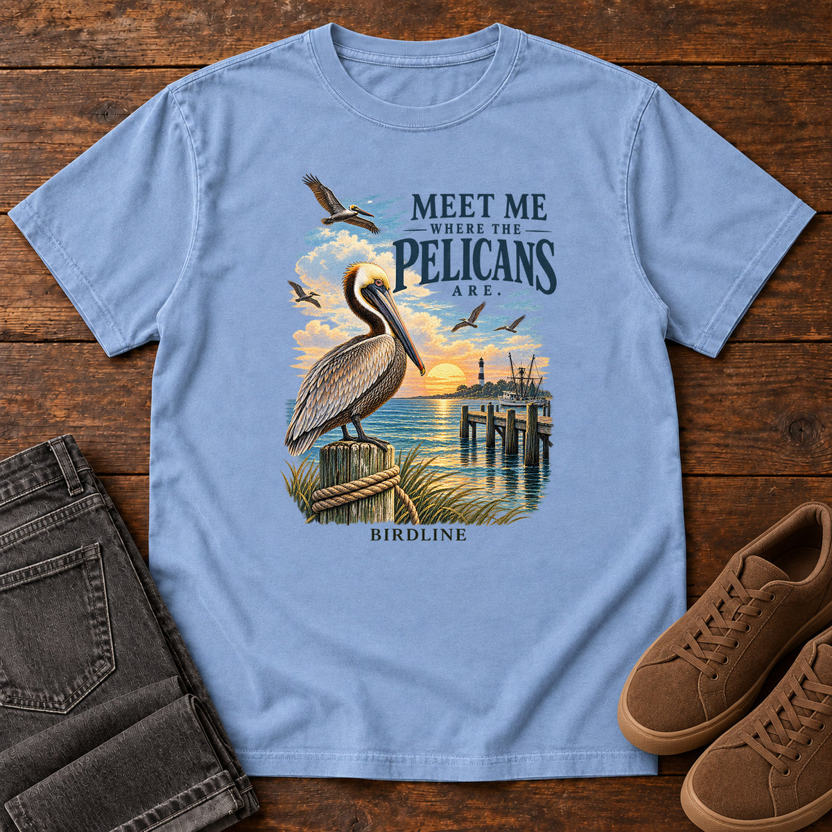 Meet Me Where the Pelicans Are T-Shirt in Washed Denim