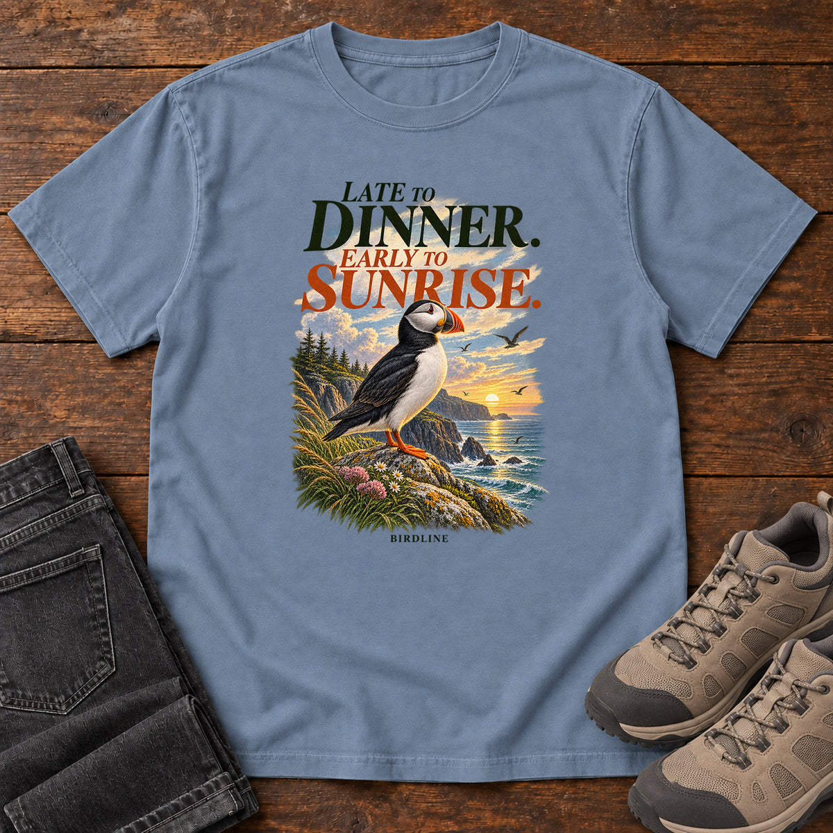Late to Dinner Early to Sunrise Puffin T-Shirt in Blue Jean