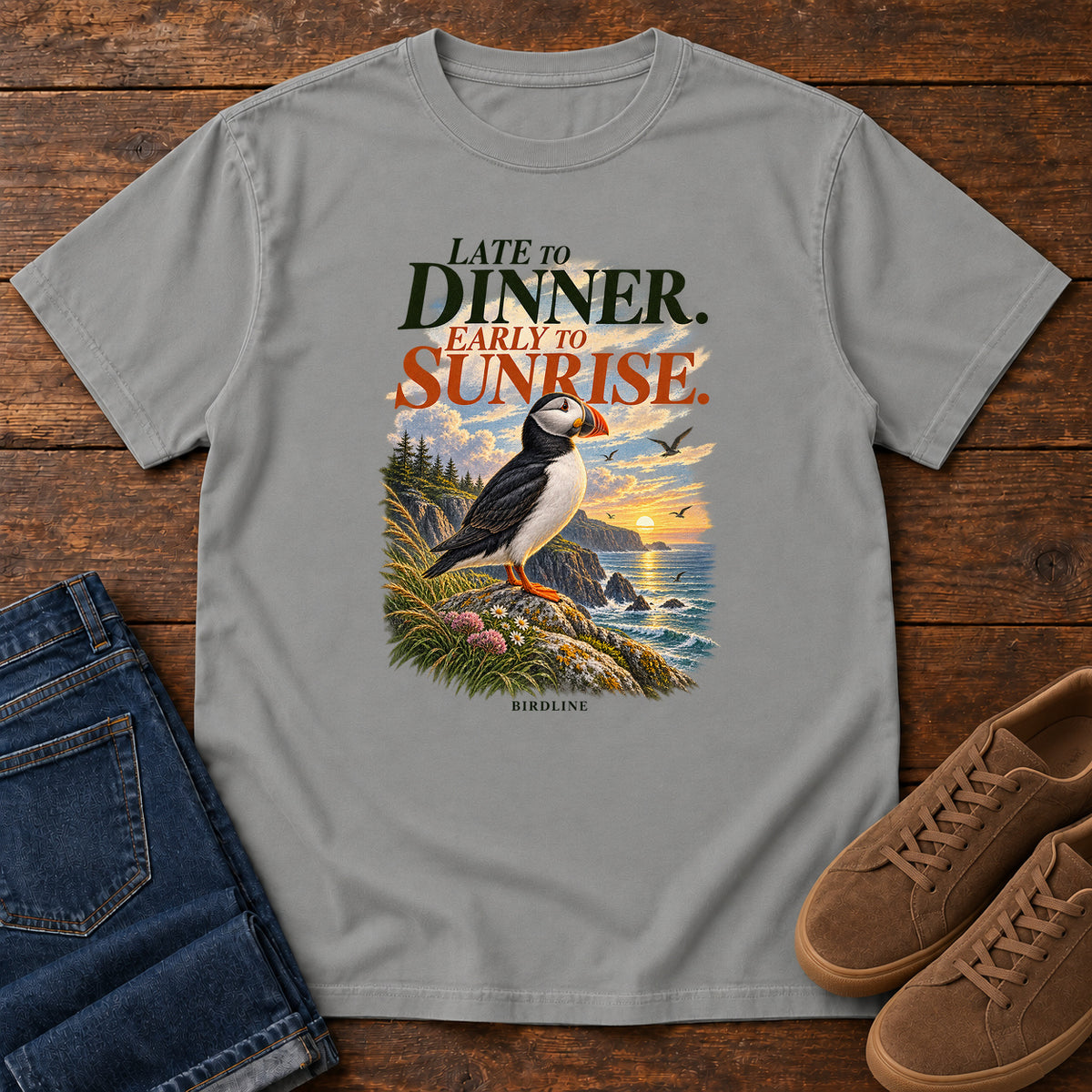 Late to Dinner Early to Sunrise Puffin T-Shirt in Grey