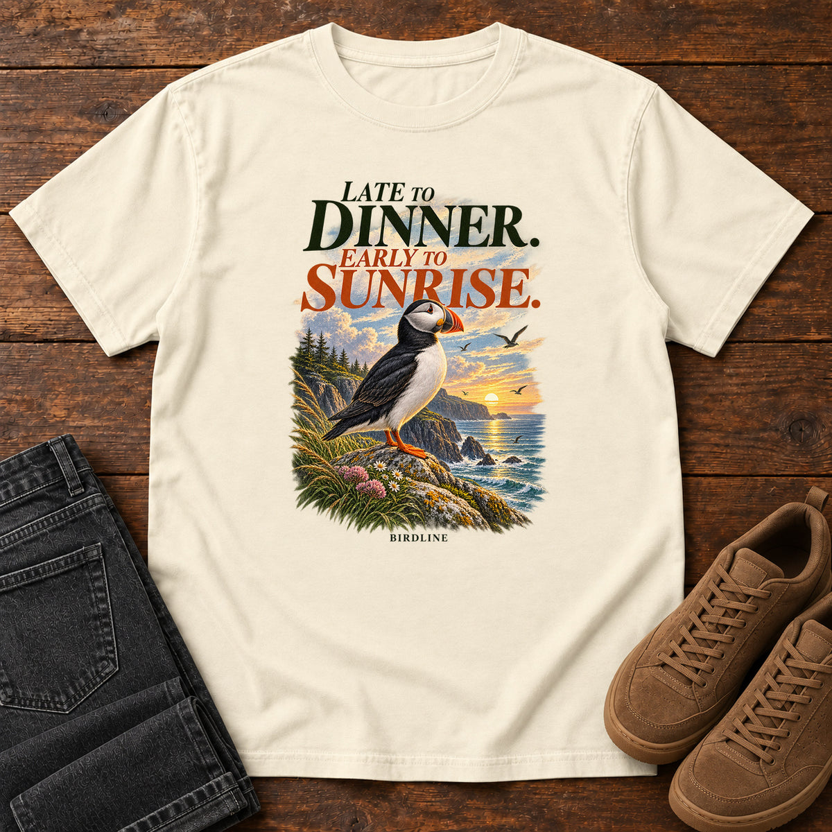 Late to Dinner Early to Sunrise Puffin T-Shirt in Ivory