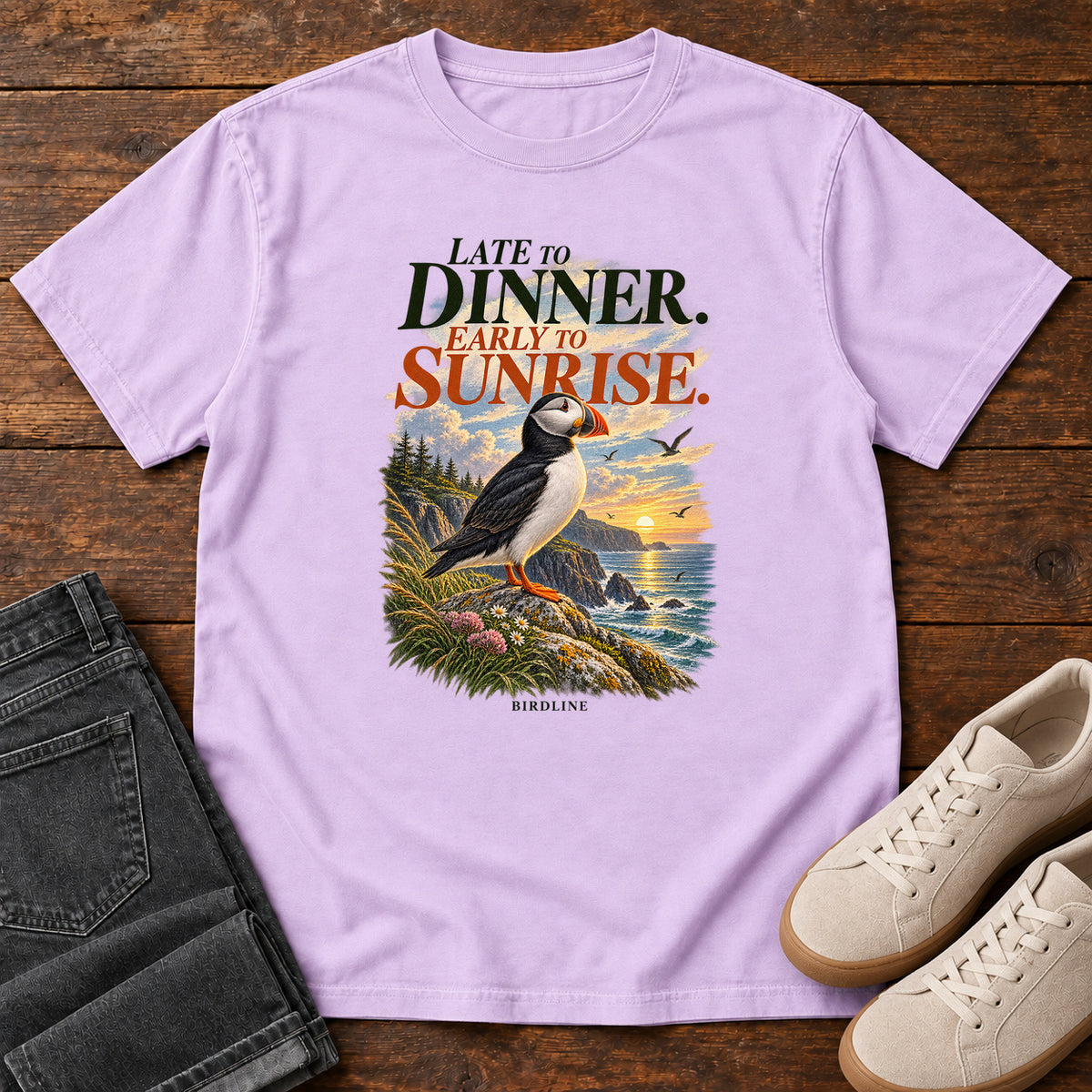 Late to Dinner Early to Sunrise Puffin T-Shirt in Orchid