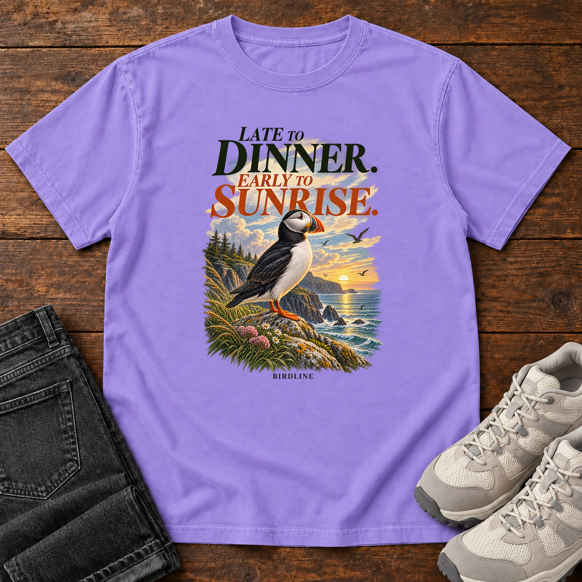 Late to Dinner Early to Sunrise Puffin T-Shirt in Violet