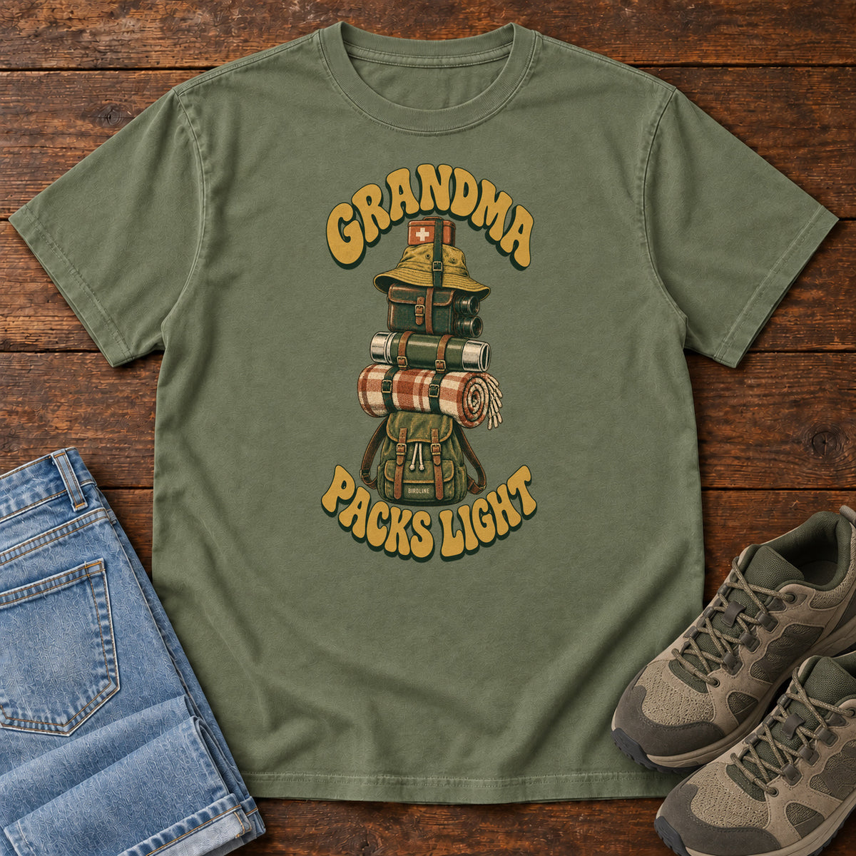 Grandma Packs Light T-Shirt in Moss