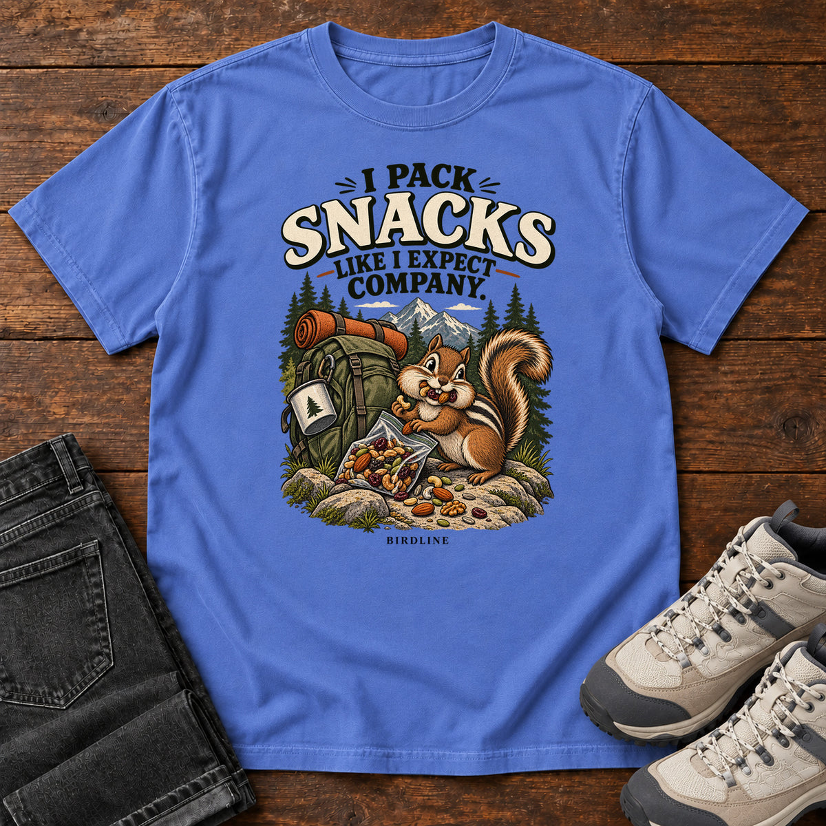 I Pack Snacks Like I Expect Company Squirrel T-Shirt in Mystic Blue
