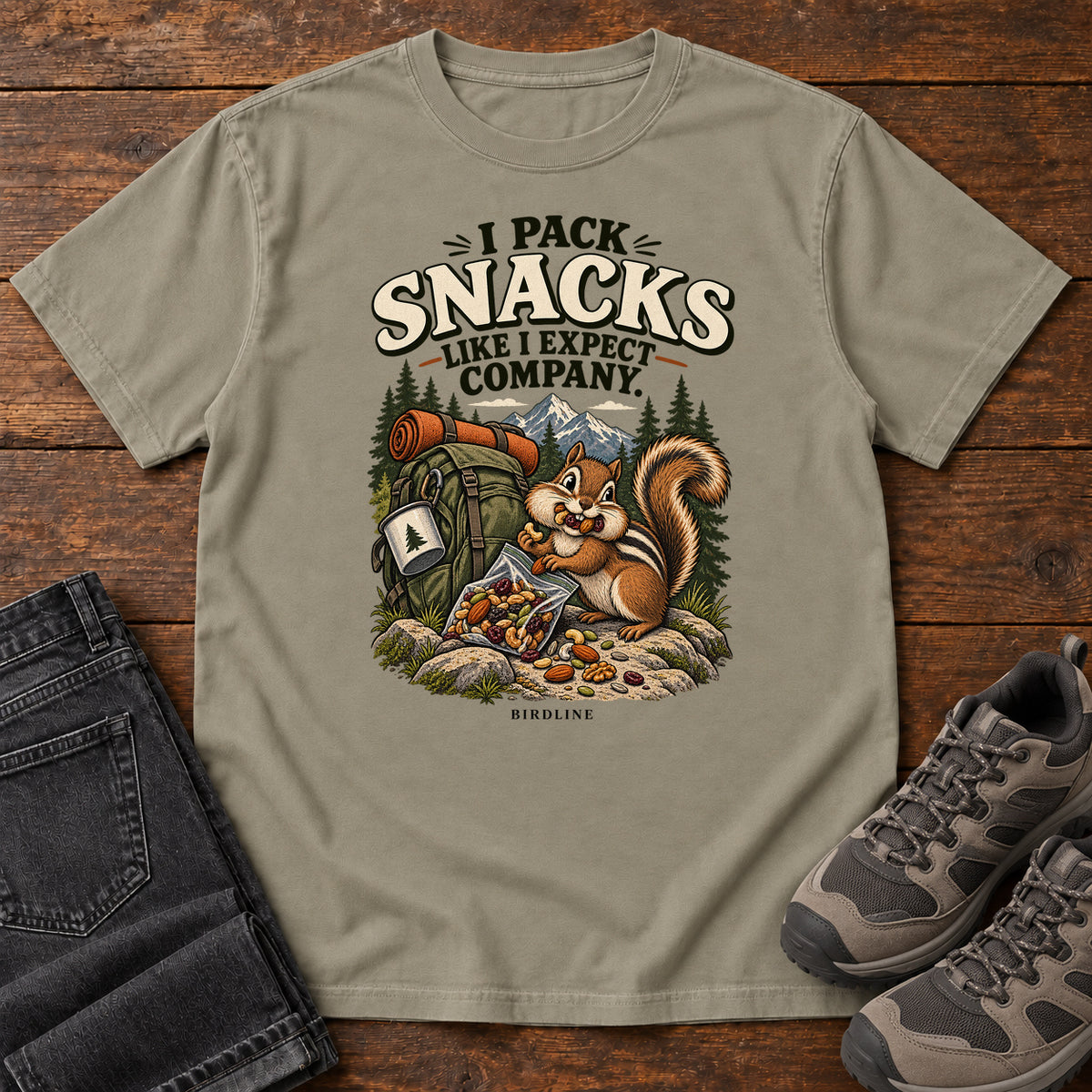 I Pack Snacks Like I Expect Company Squirrel T-Shirt in Sandstone