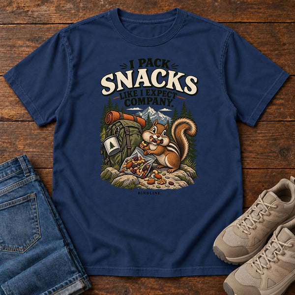I Pack Snacks Like I Expect Company Squirrel T-Shirt in True Navy, front view