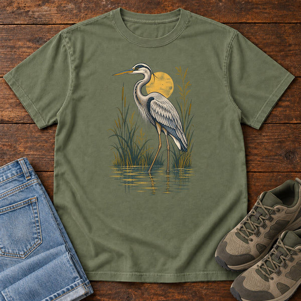 Marsh Heron T-Shirt in Moss, front view