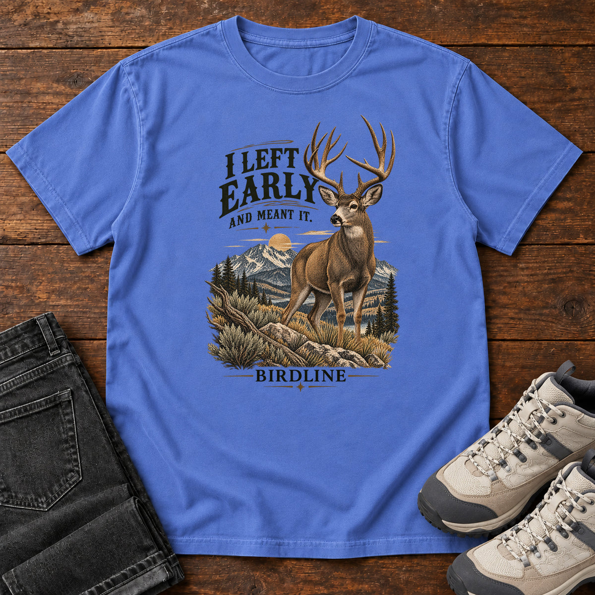 I Left Early and Meant It Deer T-Shirt in Mystic Blue, left side