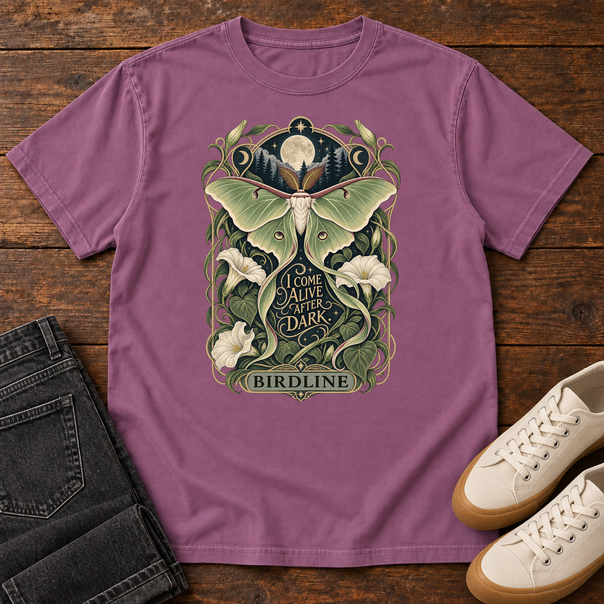 I Come Alive After Dark Moth T-Shirt in Berry
