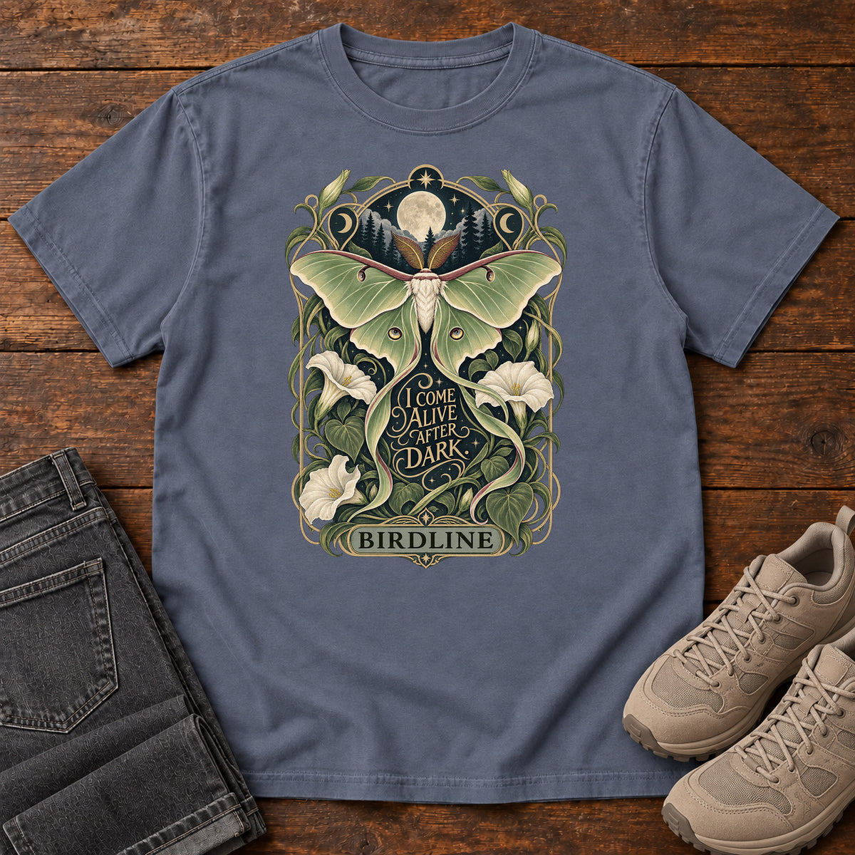 I Come Alive After Dark Moth T-Shirt in Denim