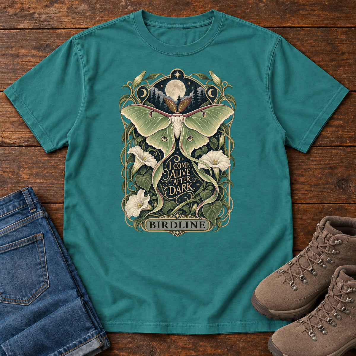 I Come Alive After Dark Moth T-Shirt in Emerald
