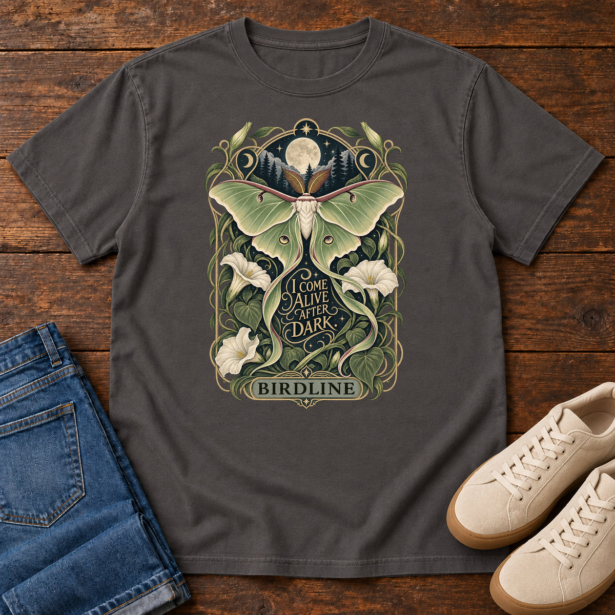 I Come Alive After Dark Moth T-Shirt in Graphite
