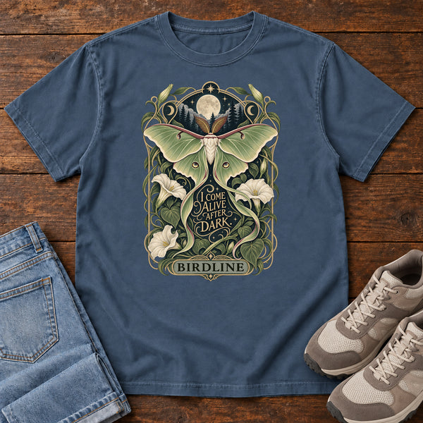 I Come Alive After Dark Moth T-Shirt in Midnight, front view