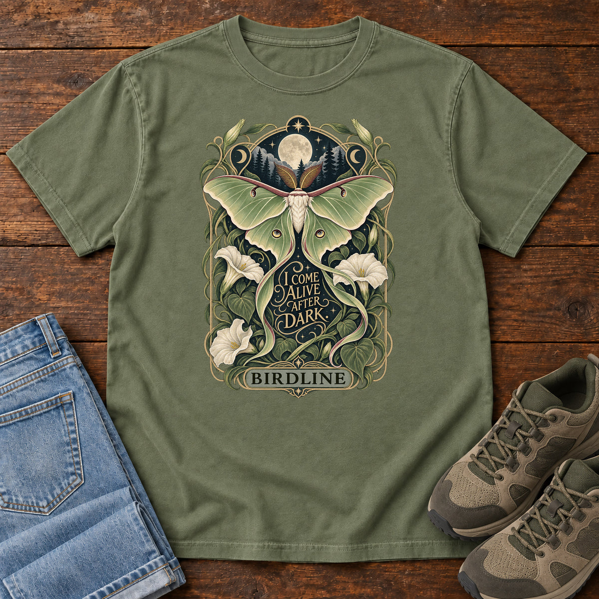 I Come Alive After Dark Moth T-Shirt in Moss
