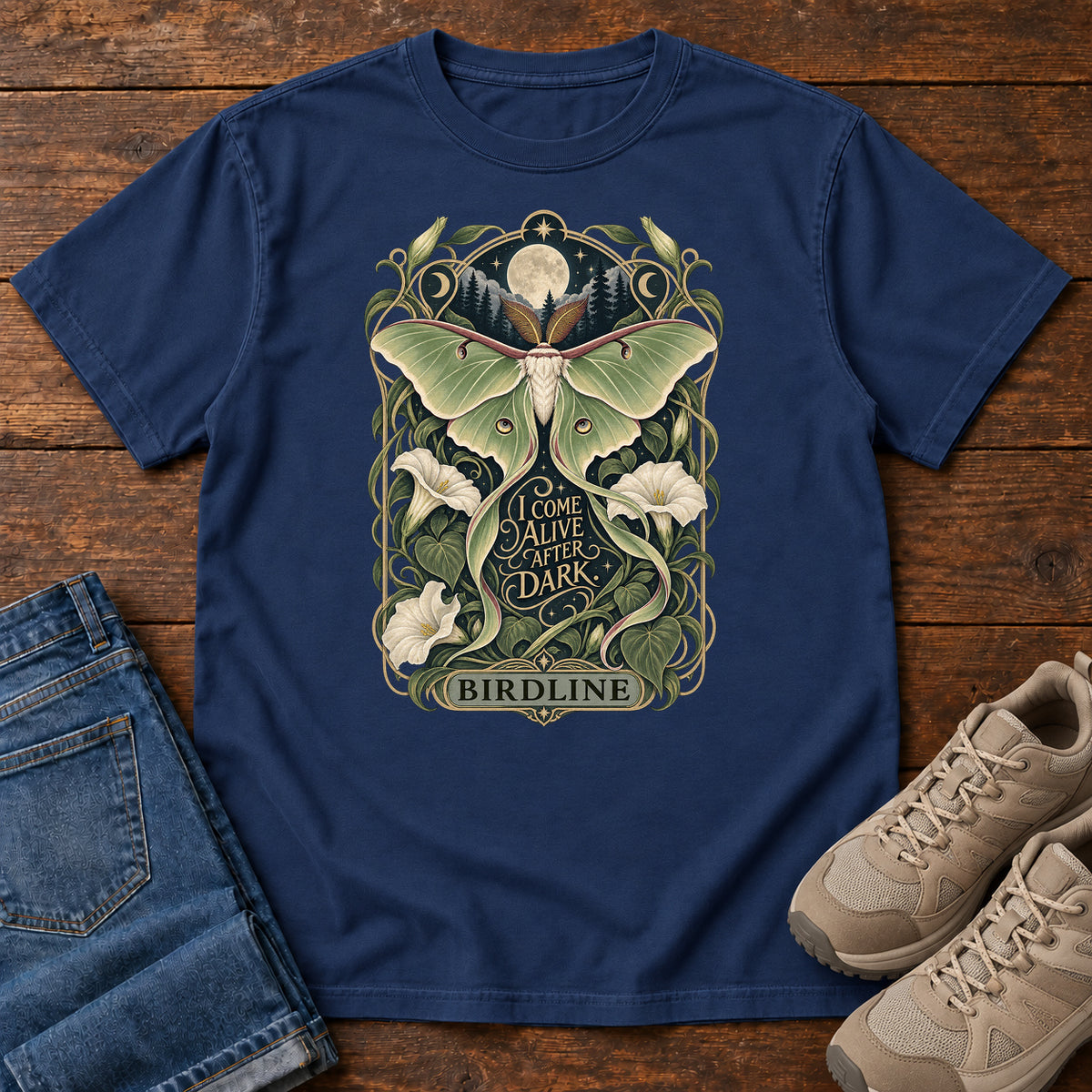 I Come Alive After Dark Moth T-Shirt in True Navy