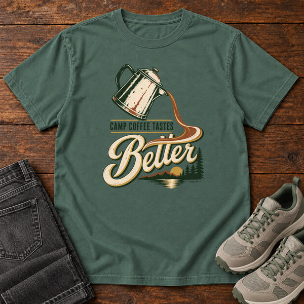 Camp Coffee Tastes Better T-Shirt in Blue Spruce, front view
