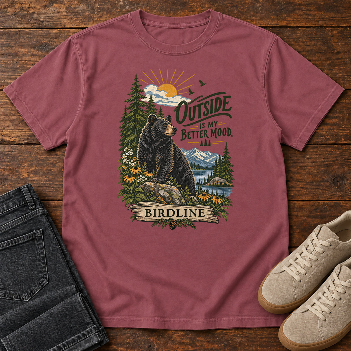 Outside Is My Better Mood Bear T-Shirt in Brick